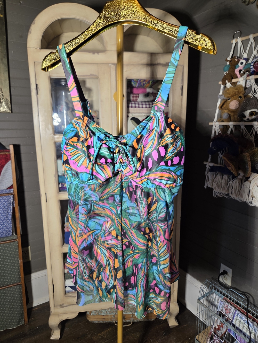Tropical Leaf Print Women’s Tankini Top - Pink, Teal & Orange